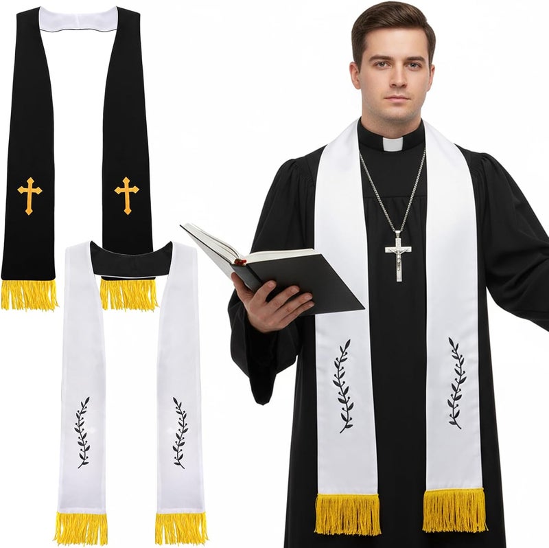 Eorbow 1 Pack Wedding Reversible Stole with Tassels, 75 Inch Clergy Mass Stoles with Cross, White Embroidered Priest Sash Stole, Pastor Shawl for Wedding Officiant Clergy Robe Cassock - Image 1